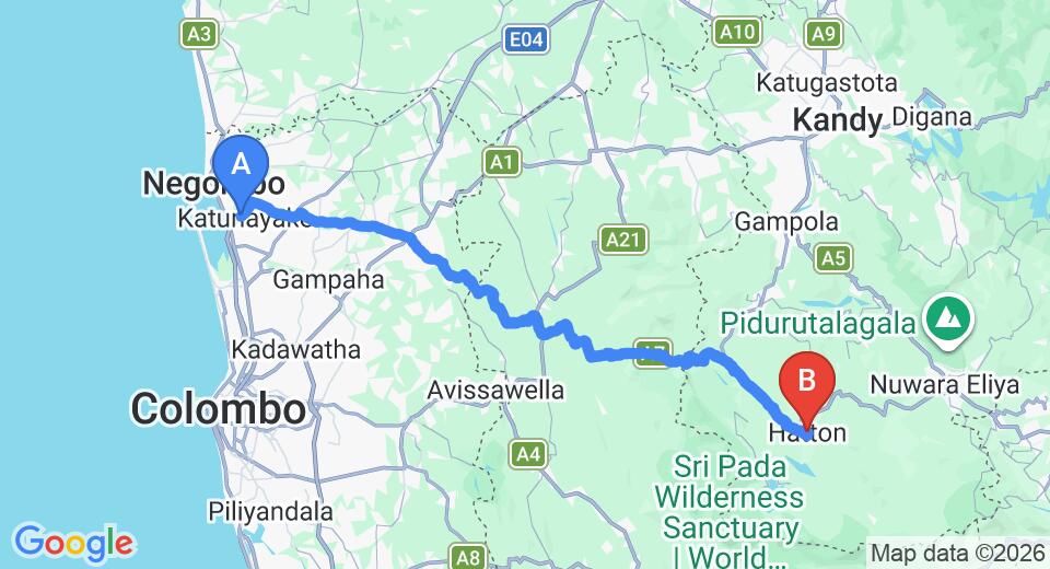 Driving route map: Colombo Airport (CMB) to Park Rest Niwasa, Hatton (116 km, approx 3 h 36 min private transfer)