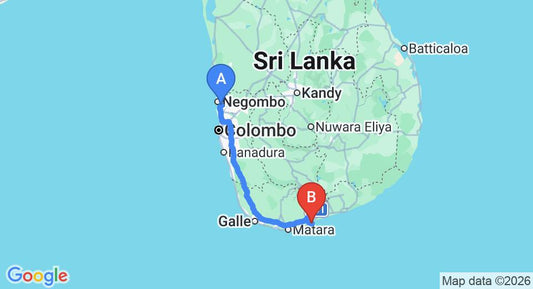 Driving route map: Colombo Airport (CMB) to Kayumanis House Tangalle, Tangalle (213 km, approx 2 h 55 min private transfer)