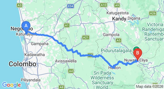 Driving route map: Colombo Airport (CMB) to Galaxy Grand Hotel, Nuwara Eliya (154 km, approx 4 h 45 min private transfer)