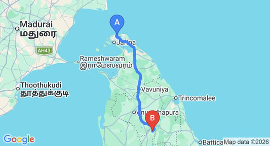 Driving route map: Jaffna (JAF) Airport to Sigiriya (264 km, approx 5 h 1 min private transfer)