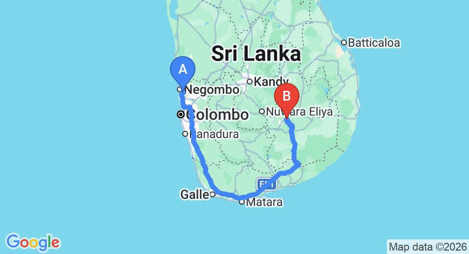 Driving route map: Colombo Airport (CMB) to Forest Paradise, Ella (336 km, approx 4 h 58 min private transfer)
