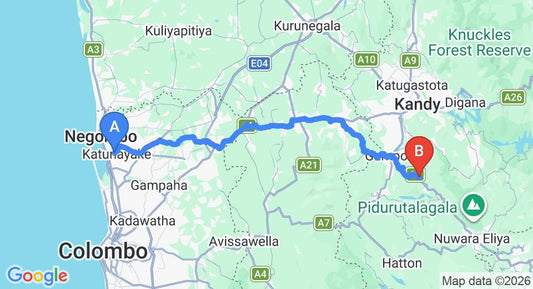 Driving route map: Colombo Airport (CMB) to Pussellawa (121 km, approx 3 h 39 min private transfer)