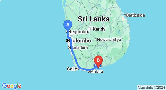 Driving route map: Colombo Airport (CMB) to Rekawa (222 km, approx 3 h 2 min private transfer)