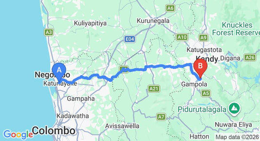 Driving route map: Colombo Airport (CMB) to Elpitiya Walauwa, Gampola (105 km, approx 3 h 8 min private transfer)