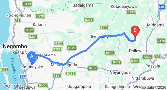 Driving route map: Colombo Airport (CMB) to Bokalagama (29 km, approx 54 min private transfer)