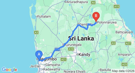 Driving route map: Colombo Airport (CMB) to The Village, Polonnaruwa (192 km, approx 4 h 7 min private transfer)
