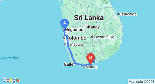 Driving route map: Colombo Airport (CMB) to Eco Villa, Tangalle (212 km, approx 2 h 53 min private transfer)