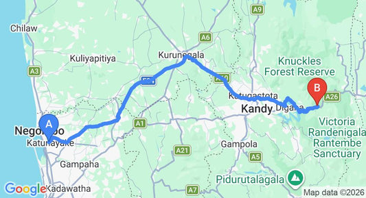 Driving route map: Colombo Airport (CMB) to Hunnasgiriya (150 km, approx 3 h 54 min private transfer)