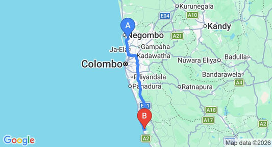 Driving route map: Colombo Airport (CMB) to Roman Lake Ayurveda Resort, Balapitiya (124 km, approx 2 h 3 min private transfer)