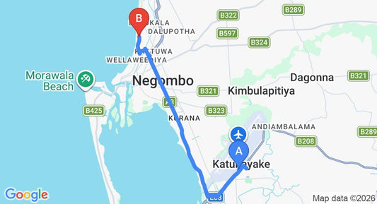 Driving route map: Colombo Airport (CMB) to Angel Inn, Negombo (12 km, approx 29 min private transfer)