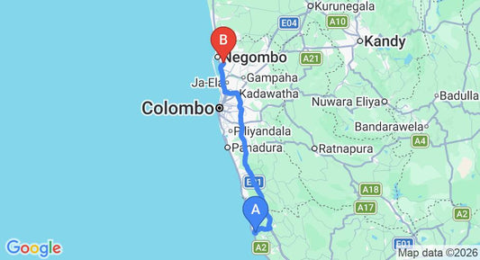 Driving route map: Ambalangoda to Colombo Airport (CMB) (129 km, approx 1 h 53 min private transfer)