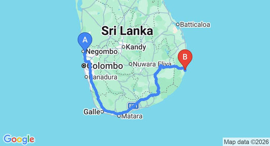 Driving route map: Colombo Airport (CMB) to Fantasy Arugam Bay, Arugam Bay (419 km, approx 6 h 30 min private transfer)