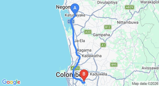 Driving route map: Colombo Airport (CMB) to Battaramulla (39 km, approx 54 min private transfer)