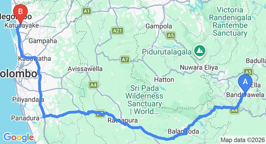 Driving route map: Bandarawela to Colombo Airport (CMB) (219 km, approx 5 h 15 min private transfer)