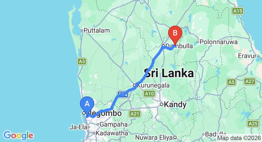 Driving route map: Colombo Airport (CMB) to Kiribathkumura (146 km, approx 3 h 14 min private transfer)