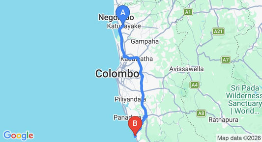 Driving route map: Colombo Airport (CMB) to Club Waskaduwa Beach Resort, Kalutara (80 km, approx 1 h 24 min private transfer)