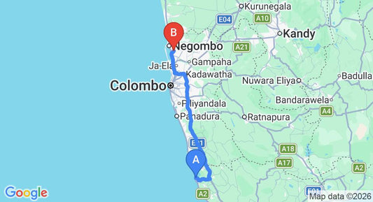 Driving route map: Balapitiya to Colombo Airport (CMB) (129 km, approx 1 h 52 min private transfer)