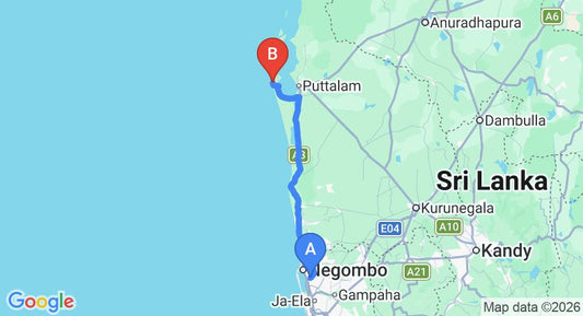 Driving route map: Colombo Airport (CMB) to Roshanne Beach Resort, Alankuda (118 km, approx 2 h 51 min private transfer)