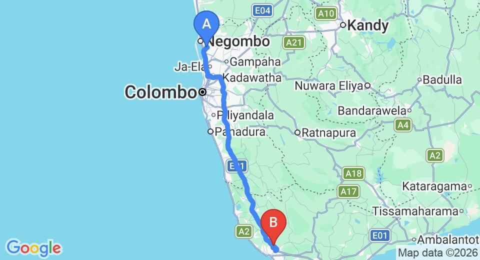 Driving route map: Colombo Airport (CMB) to Niyagama House, Galle (151 km, approx 2 h 9 min private transfer)