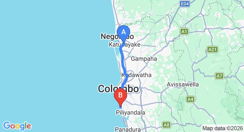 Driving route map: Colombo Airport (CMB) to Royce Hotel, Mount Lavinia (43 km, approx 1 h 10 min private transfer)