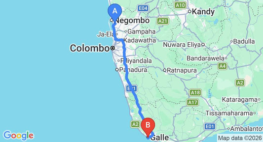 Driving route map: Colombo Airport (CMB) to The Bungalow - Galle Fort, Galle (153 km, approx 2 h 13 min private transfer)