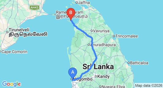 Driving route map: Colombo Airport (CMB) to Hotel John Mary, Mannar (310 km, approx 6 h 6 min private transfer)