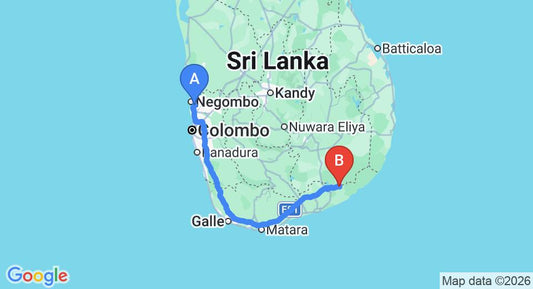 Driving route map: Colombo Airport (CMB) to Beddegama Ecopark, Tissamaharama (281 km, approx 3 h 42 min private transfer)