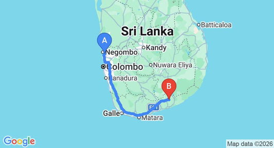 Driving route map: Colombo Airport (CMB) to Mattala (HRI) Airport (255 km, approx 3 h 15 min private transfer)