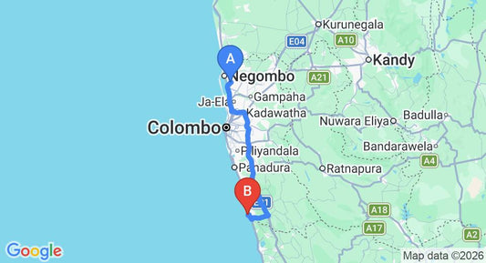 Driving route map: Colombo Airport (CMB) to Ypsylon Tourist Resort - Beruwala, Beruwala (110 km, approx 1 h 46 min private transfer)
