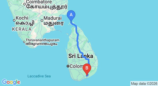 Driving route map: Jaffna (JAF) Airport to Mattala (HRI) Airport (517 km, approx 10 h 2 min private transfer)