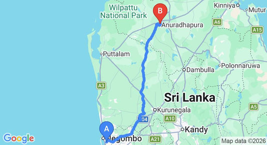 Driving route map: Colombo Airport (CMB) to Heritage Lake View, Anuradhapura (176 km, approx 3 h 49 min private transfer)