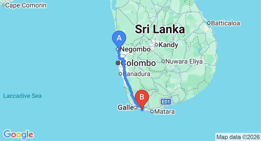 Driving route map: Colombo Airport (CMB) to South Point Abbey, Ahangama (165 km, approx 2 h 20 min private transfer)