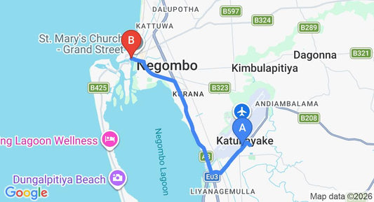 Driving route map: Colombo Airport (CMB) to Choy's Waterfront Residence, Negombo (11 km, approx 23 min private transfer)
