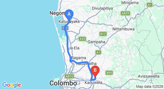 Driving route map: Colombo Airport (CMB) to Dilruk Caterers, Biyagama (40 km, approx 43 min private transfer)