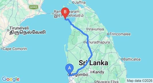 Driving route map: Colombo Airport (CMB) to Talaimannar (321 km, approx 6 h 20 min private transfer)