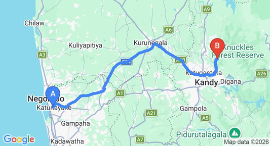 Driving route map: Colombo Airport (CMB) to Hunas Falls by Amaya, Kandy (129 km, approx 3 h 25 min private transfer)