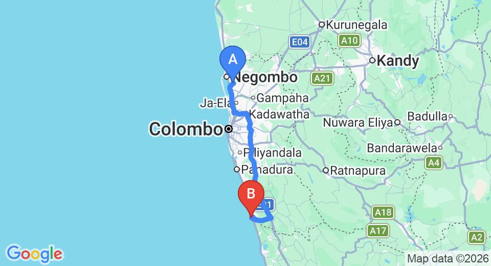 Driving route map: Colombo Airport (CMB) to Hotel Nirvega, Beruwala (109 km, approx 1 h 43 min private transfer)