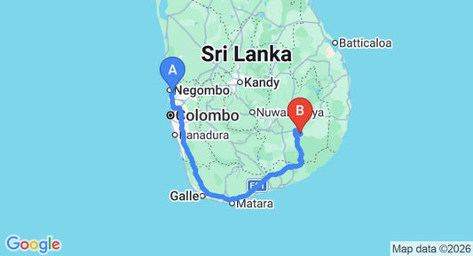 Driving route map: Colombo Airport (CMB) to Kumbuk River, Buttala (341 km, approx 4 h 55 min private transfer)