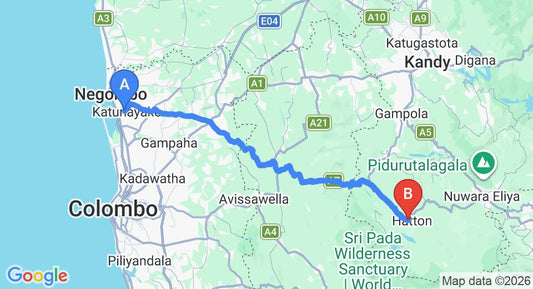 Driving route map: Colombo Airport (CMB) to Hotel Tea Vilaa, Hatton (114 km, approx 3 h 30 min private transfer)