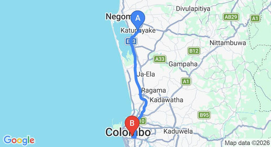 Driving route map: Colombo Airport (CMB) to Geoffrey Bawa House No 11, Colombo (33 km, approx 42 min private transfer)