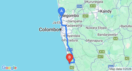 Driving route map: Colombo Airport (CMB) to Hotel J, Ambalangoda (135 km, approx 2 h 6 min private transfer)