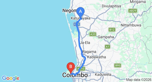 Driving route map: Colombo Airport (CMB) to Galadari Hotel, Colombo (35 km, approx 45 min private transfer)