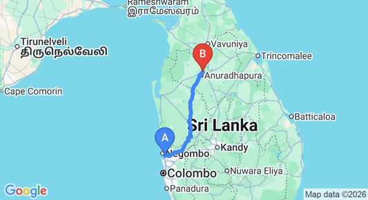 Driving route map: Colombo Airport (CMB) to Heaven Upon Rice Fields, Anuradhapura (179 km, approx 3 h 54 min private transfer)