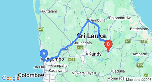 Driving route map: Colombo Airport (CMB) to Mahiyanganaya (221 km, approx 4 h 39 min private transfer)