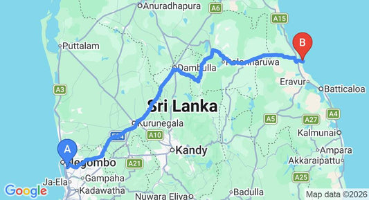Driving route map: Colombo Airport (CMB) to Thal Sevana Holiday Bungalow, Pasikuda (267 km, approx 5 h 28 min private transfer)