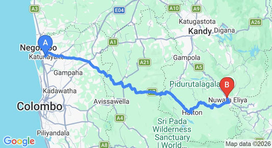 Driving route map: Colombo Airport (CMB) to Grand Hotel, Nuwara Eliya (154 km, approx 4 h 44 min private transfer)