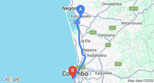 Driving route map: Colombo Airport (CMB) to Renuka City Hotel, Colombo (36 km, approx 50 min private transfer)