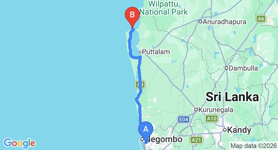 Driving route map: Colombo Airport (CMB) to Valampuri Kite Resort, Kalpitiya (142 km, approx 3 h 20 min private transfer)