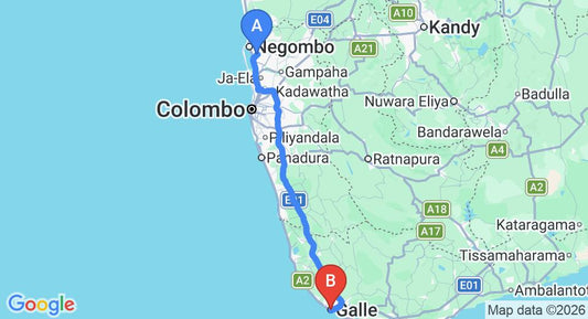 Driving route map: Colombo Airport (CMB) to Ambalama, Galle (152 km, approx 2 h 11 min private transfer)