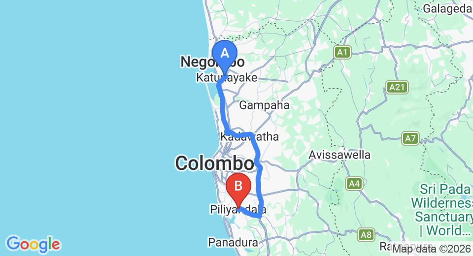 Driving route map: Colombo Airport (CMB) to Asiri Holiday Resort, Piliyandala (63 km, approx 1 h 6 min private transfer)
